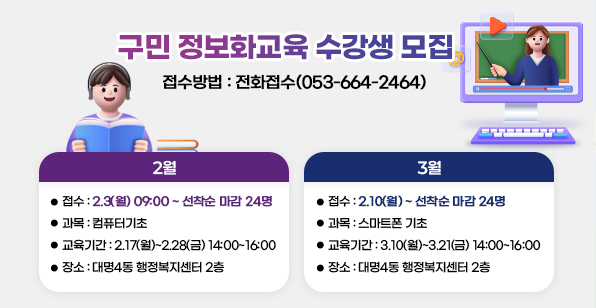 구민 정보화교육 수강생 모집  접수방법: 전화접수(053-664-2464)   2월 접수: 2.3(월) 09:00 ~ 선착순 마감 24명 과목: 컴퓨터기초 교육기간: 2.17(월)~2.28(금) 14:00~16:00 장소: 대명4동 행정복지센터 2층 3월 접수: 2.10(월) ~ 선착순 마감 24명 과목: 스마트폰 기초 교육기간:  .10(월)~3.21(금) 14:00~16:00 장소: 대명4동 행정복지센터 2층